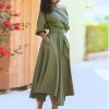 Elegant Women's Spring/Summer Fashion Green Diagonal Neck Middle Sleeve Casual Dress Women's Casual Retro Long Dress s-3XL - Image 2