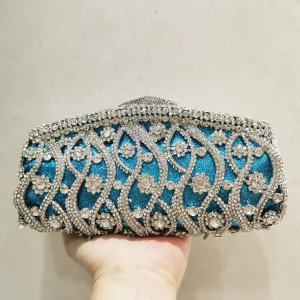 Women Sky Blue Crystal Clutch Purse Stones Evening Bags Metal Hollow Box Minaudiere Handbag Bridal Bags Wedding Party Clutches