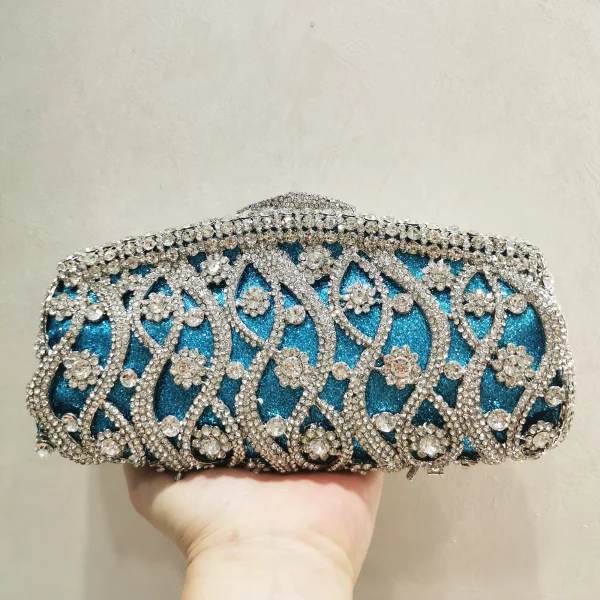 Women Sky Blue Crystal Clutch Purse Stones Evening Bags Metal Hollow Box Minaudiere Handbag Bridal Bags Wedding Party Clutches